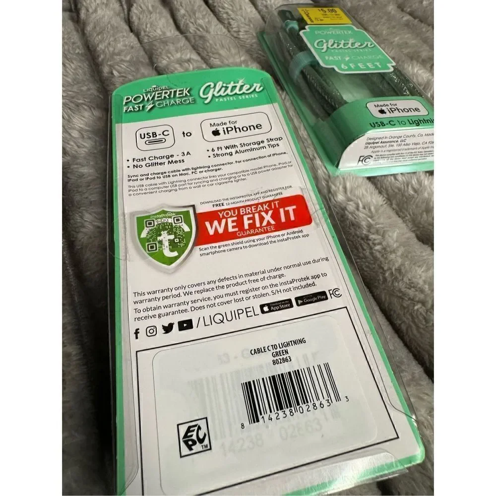 Mint green glitter iphone usb c to lightning fast charge cable x2 nib powertek
